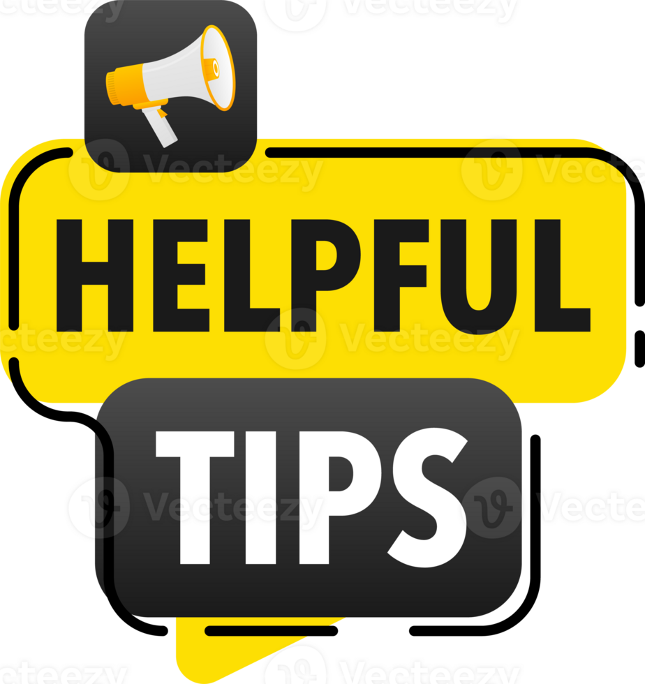 Megaphone label set with text helpful tips. Helpful tips announcement banner png
