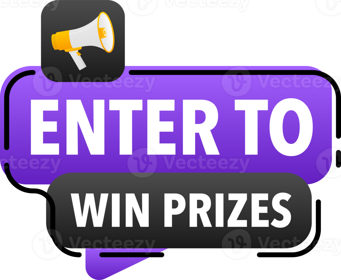 Megaphone label set with text Enter to win prizes. Enter to win prizes announcement banner png