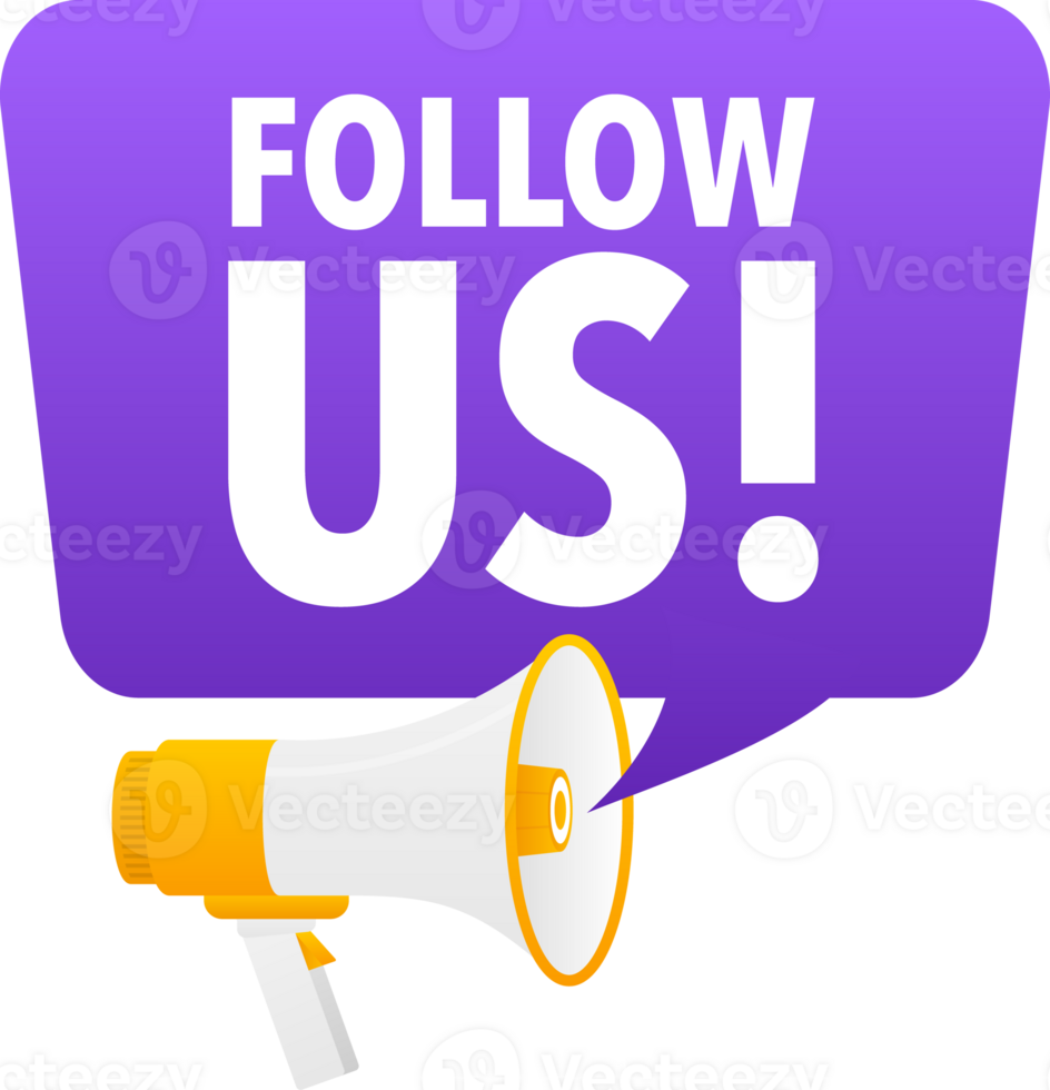 Megaphone label set with text Follow Us. Follow Us announcement banner png