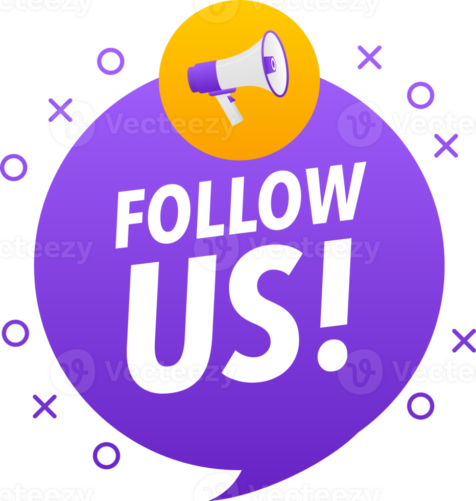 Megaphone label set with text Follow Us. Follow Us announcement banner png