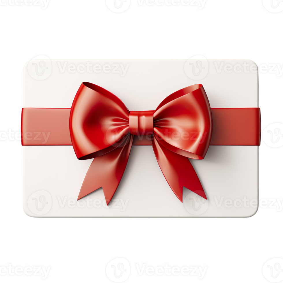 Blank white gift card with red ribbon bow isolated on transparent background png