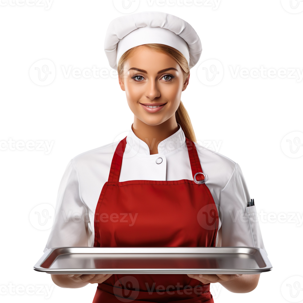Female Baker in chef uniform Holding an empty Tray isolated on transparent background png