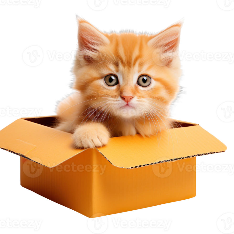 kitten sit in an orange box isolated on transparent background png