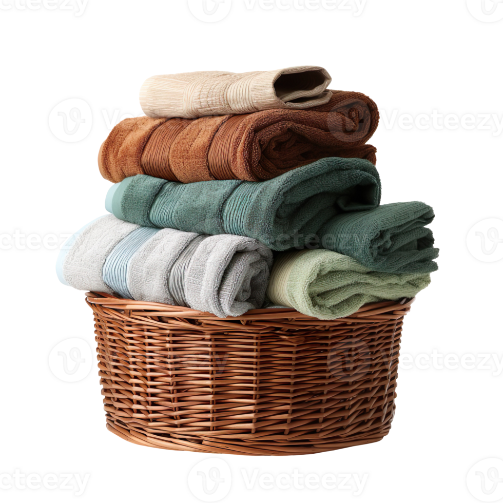 Laundry basket with towels isolated on transparent background png