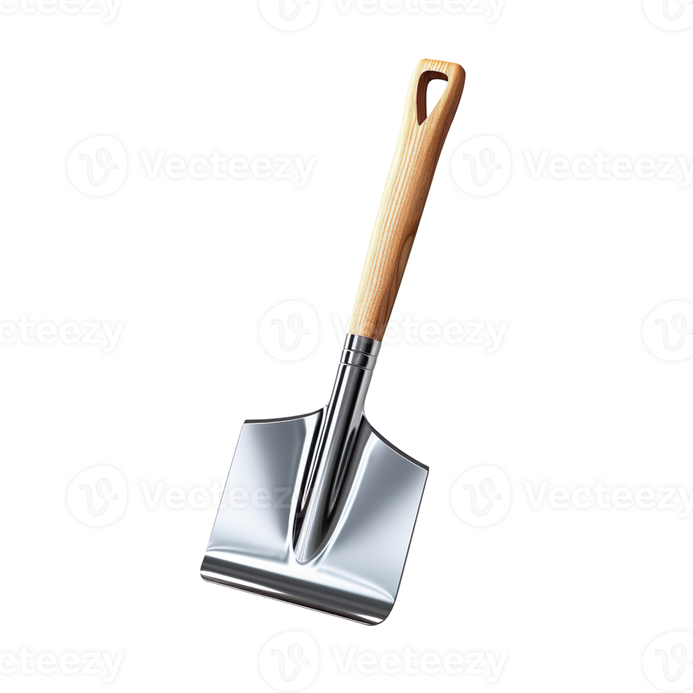 Metal shovel with wooden handle isolated on transparent background png