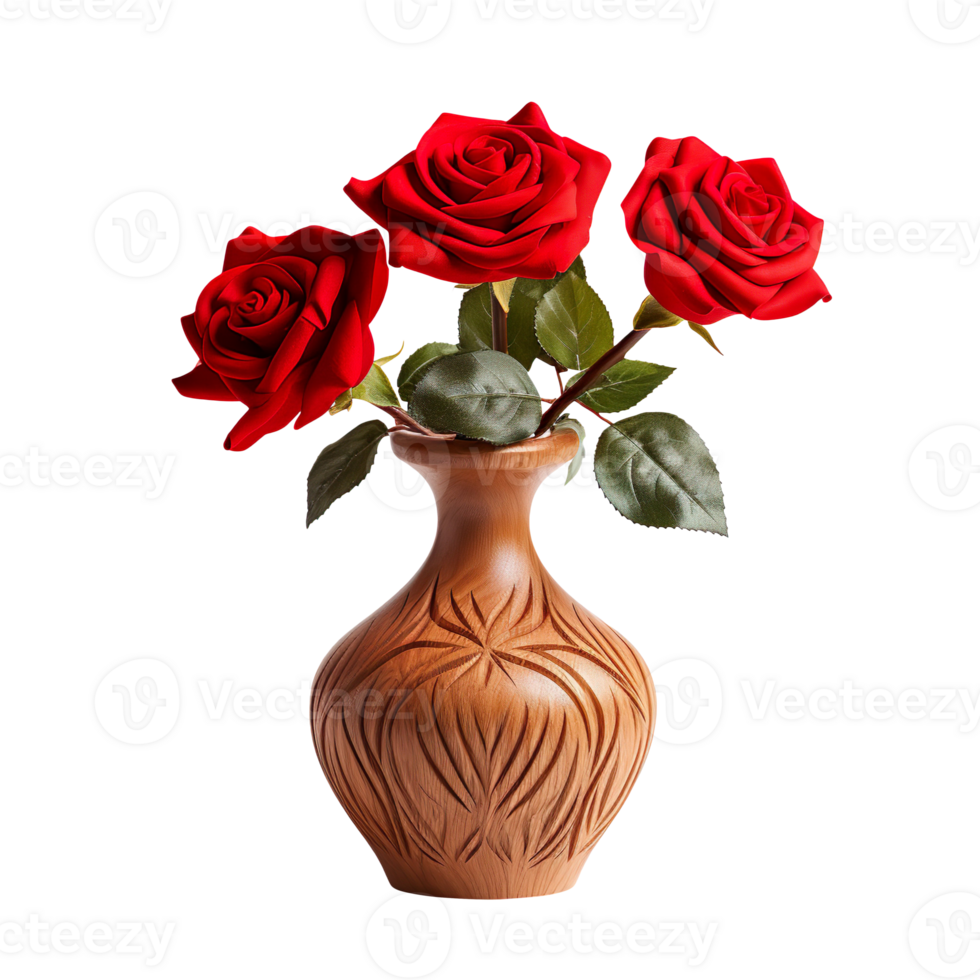 Red rose on a wooden vase isolated on transparent background png