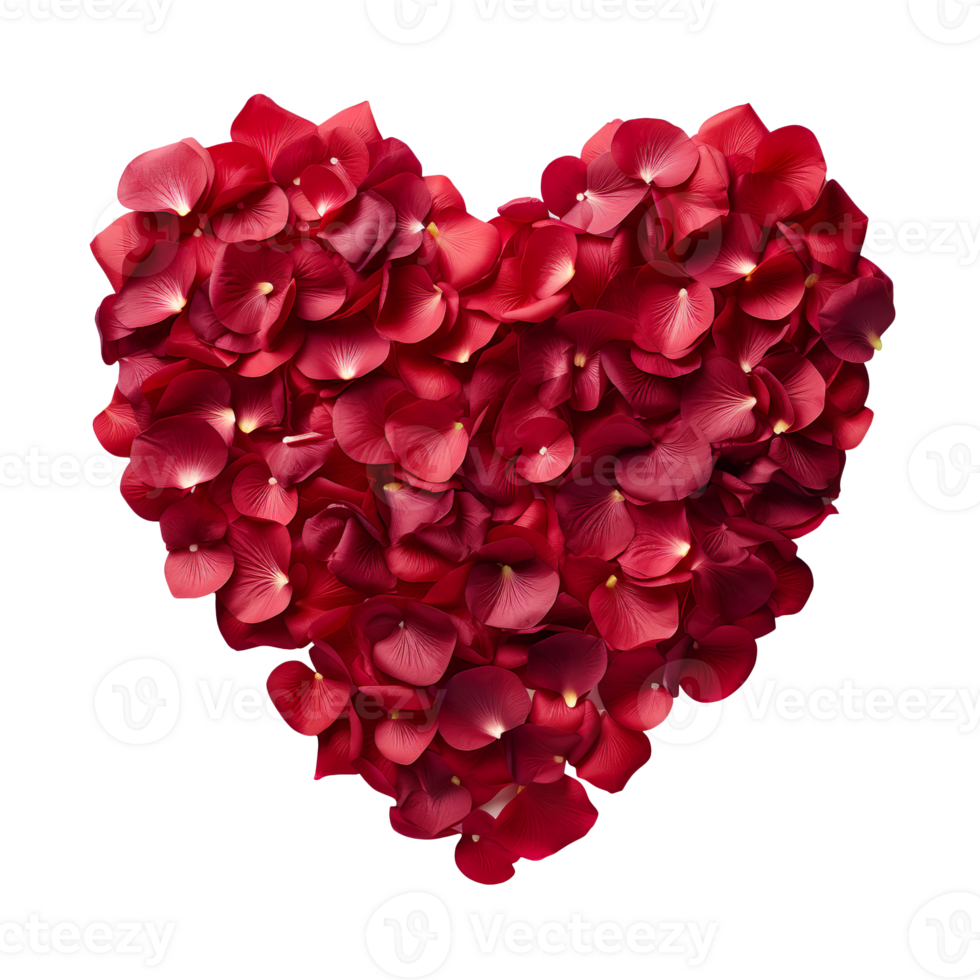 Red rose petals in heart shape isolated on transparent background png