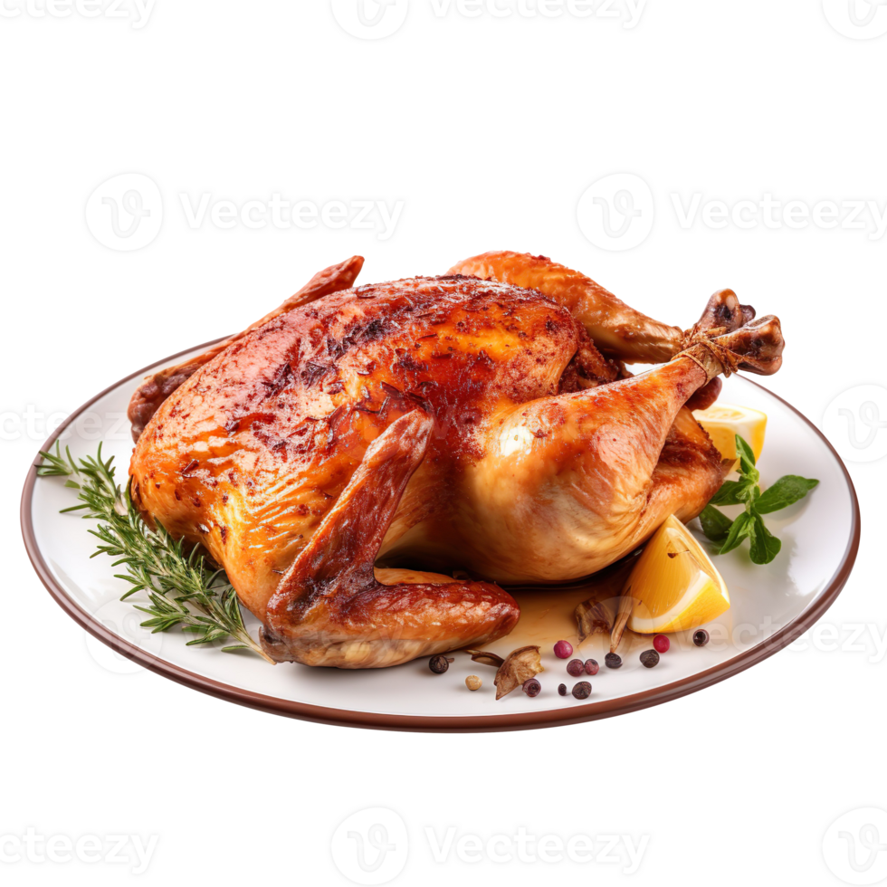 Roasted chicken on a plate isolated on transparent background png