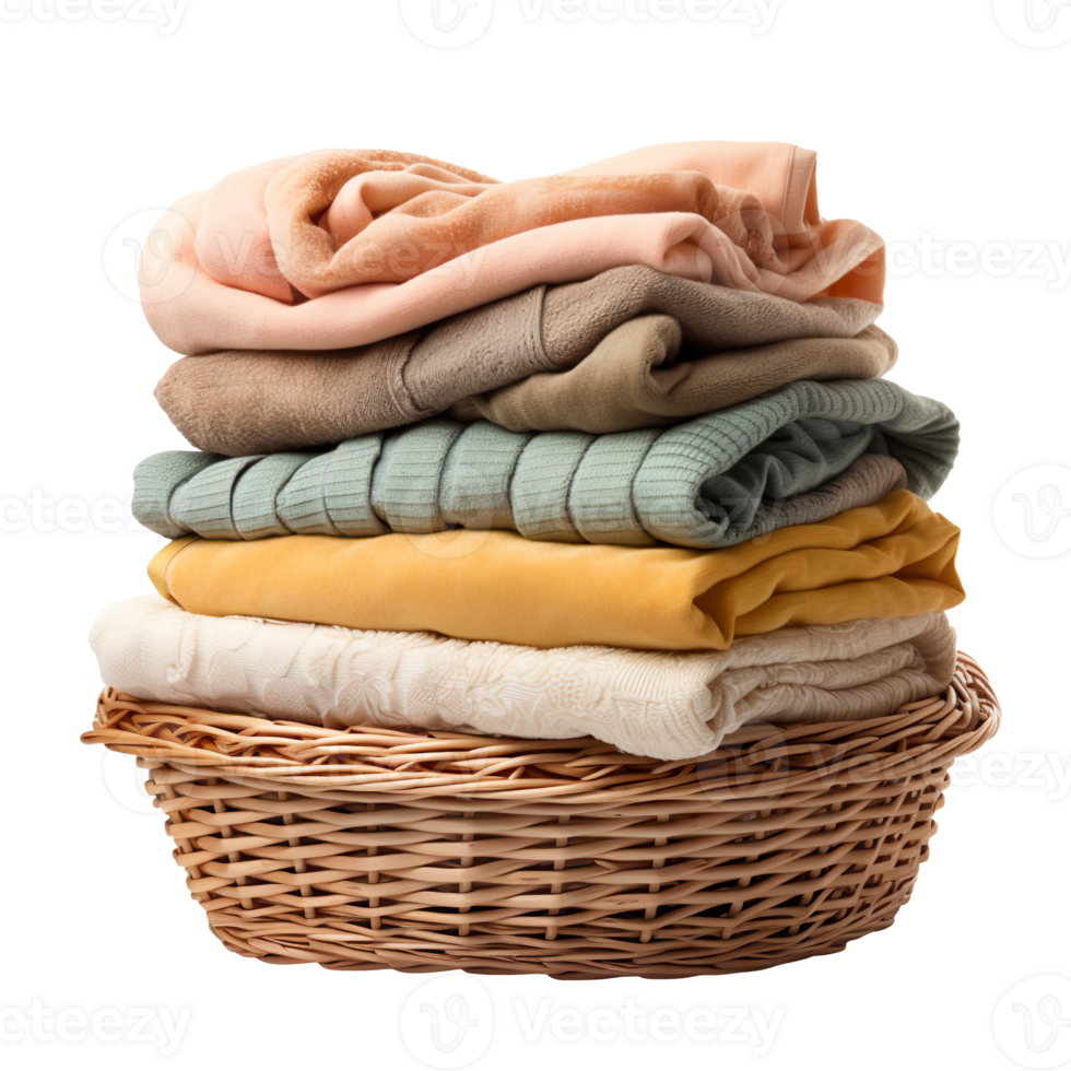 Stack of clean clothes in a Wicker basket isolated on transparent background png