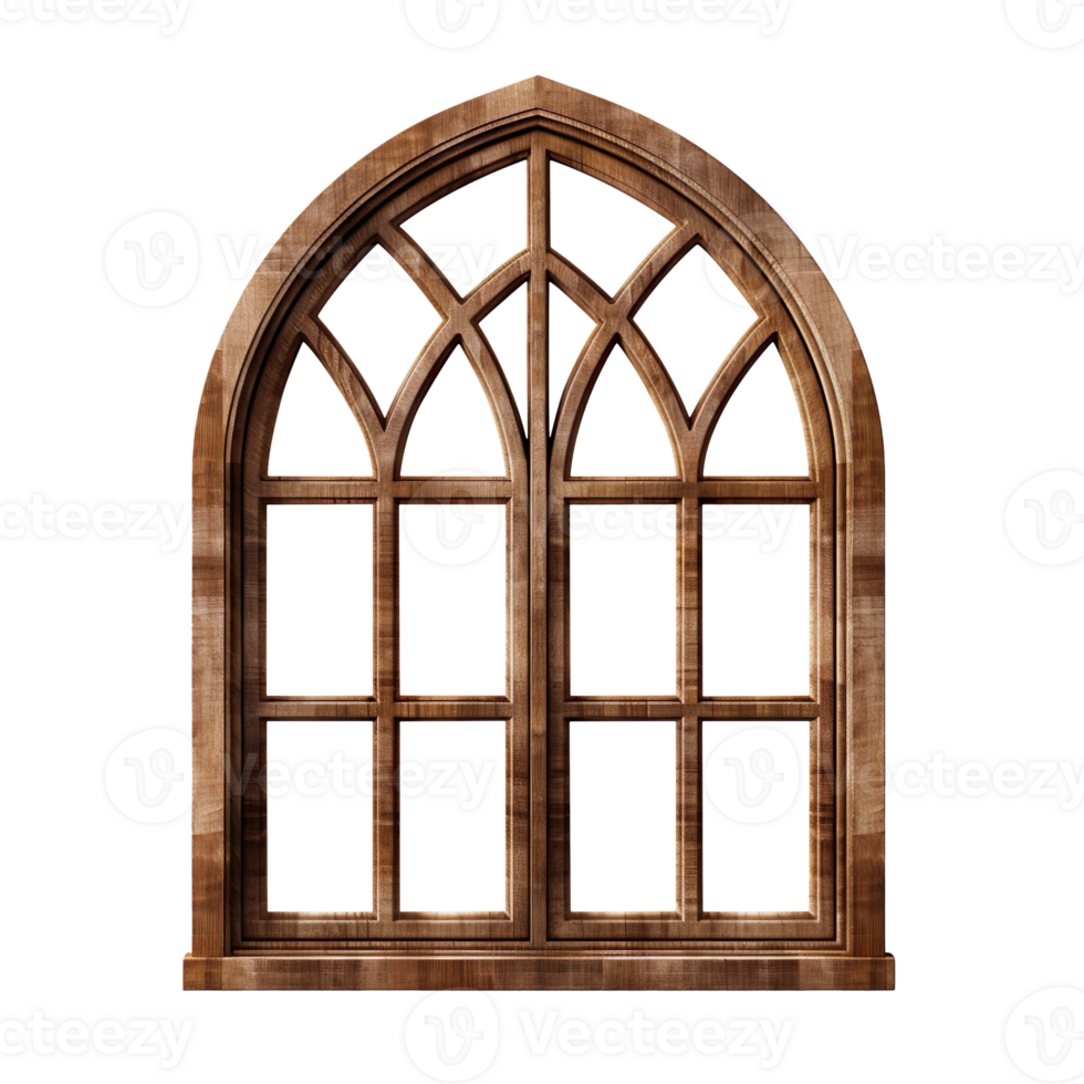 Wooden arched brown window isolated on transparent background png