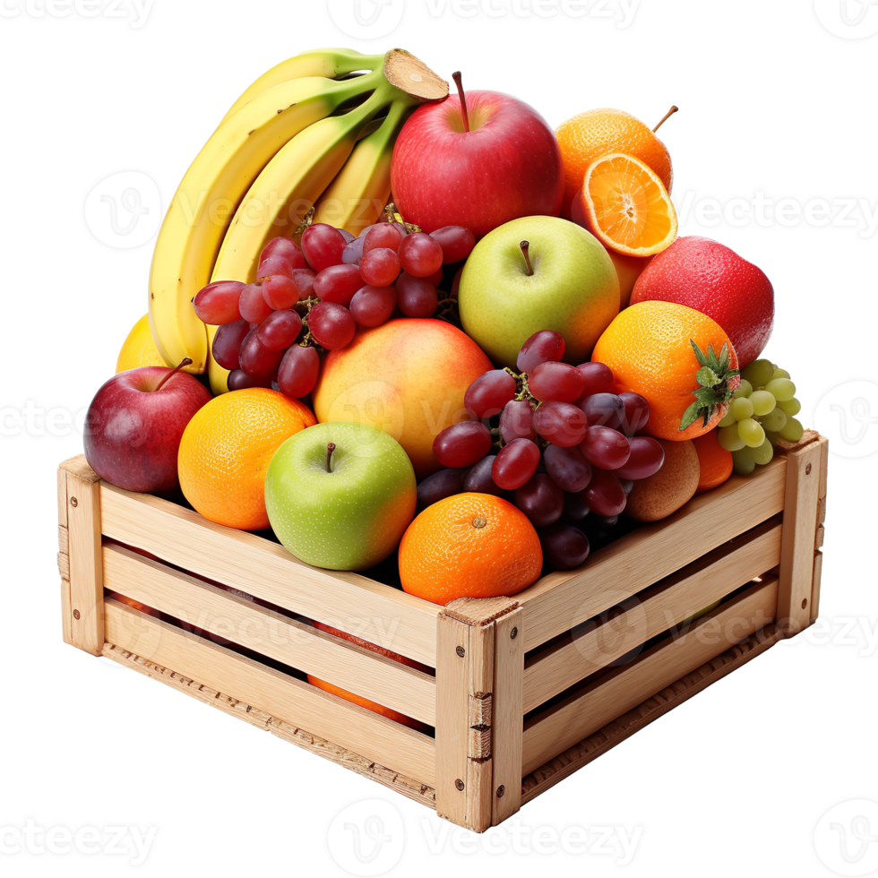 Wooden crate full of fresh fruits isolated on transparent background png