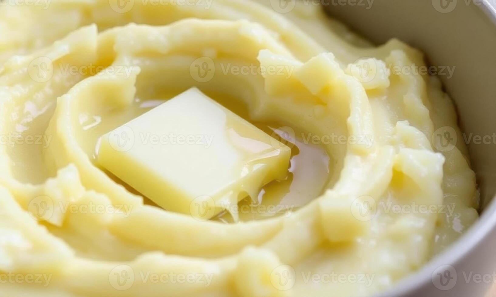 A bowl of mashed potatoes with a cube of butter photo