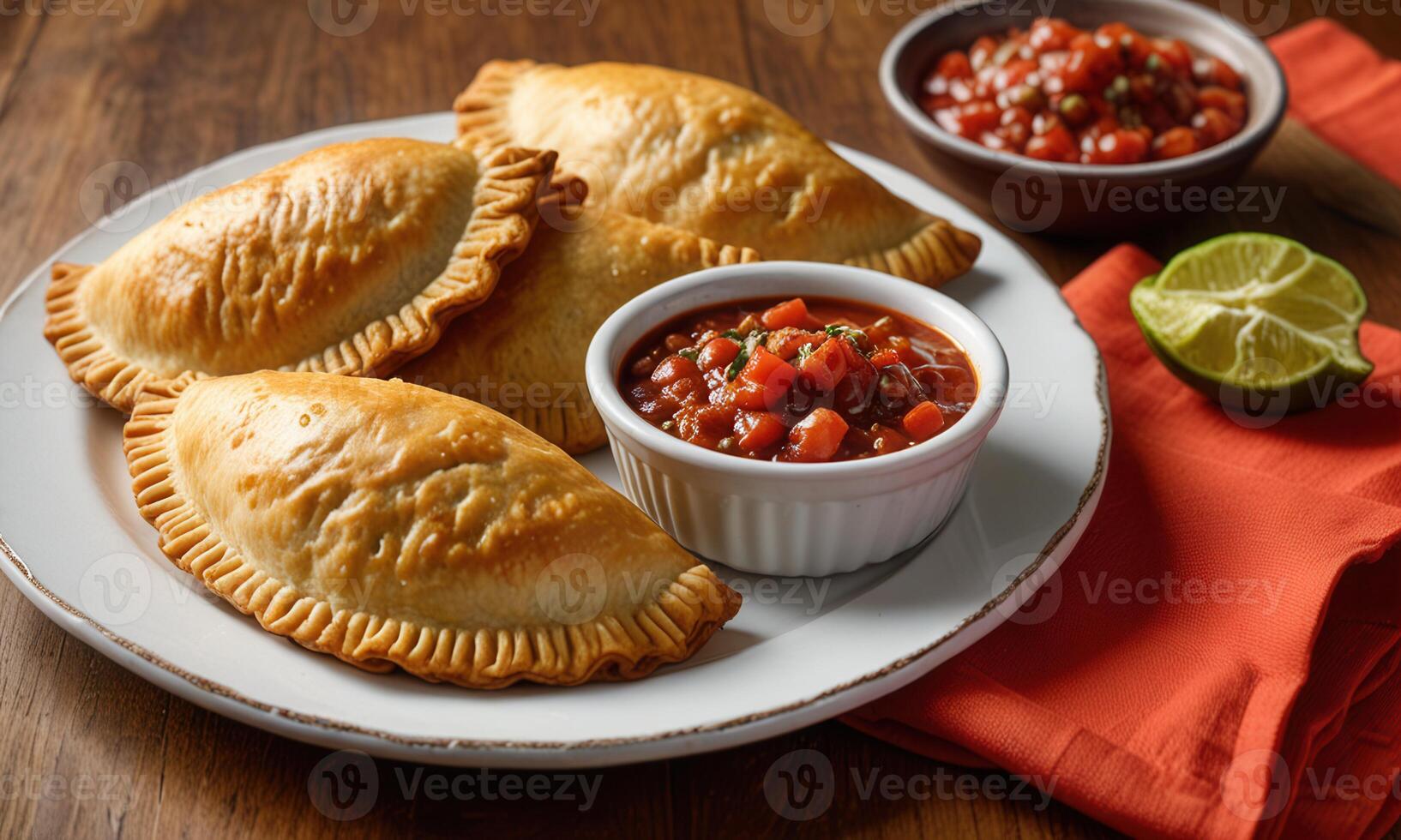 Three empanadas with salsa and a bowl of salsa photo