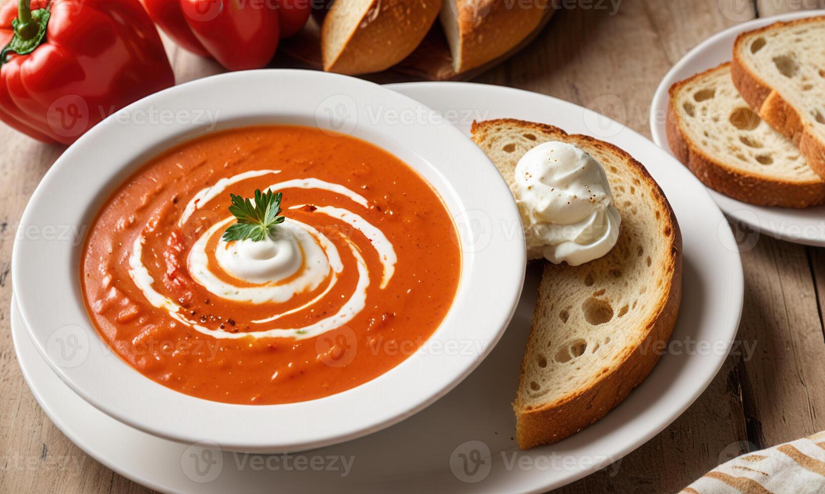 A bowl of soup with bread and a slice of bread photo