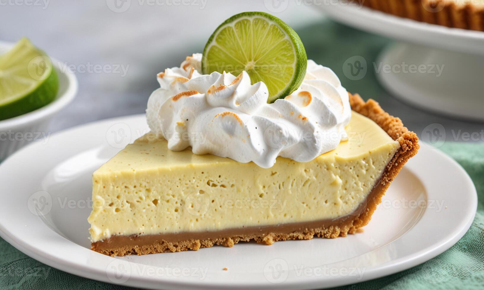 A slice of key lime pie with whipped cream and lime slices photo
