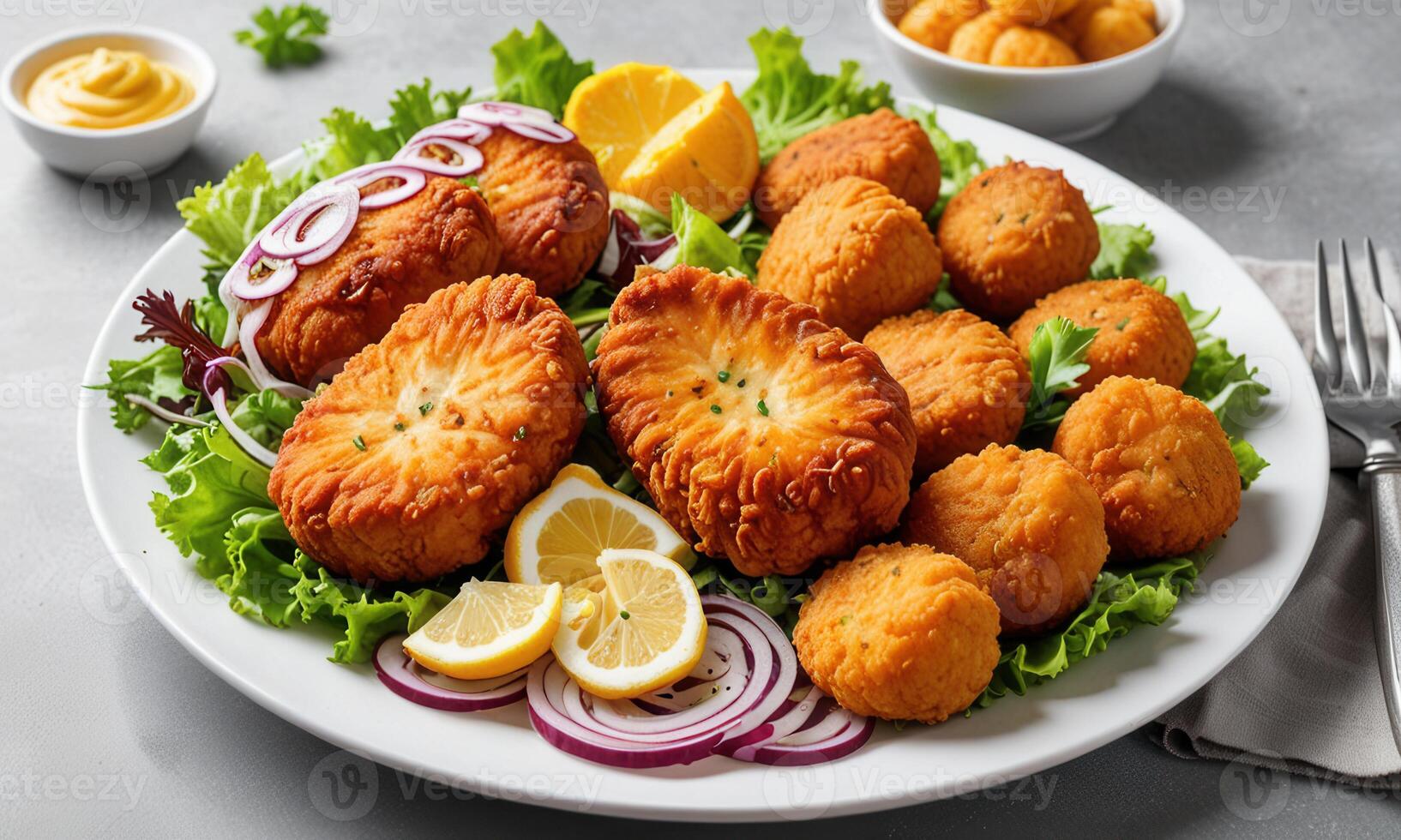 A plate of fish and vegetables with lemon wedges photo