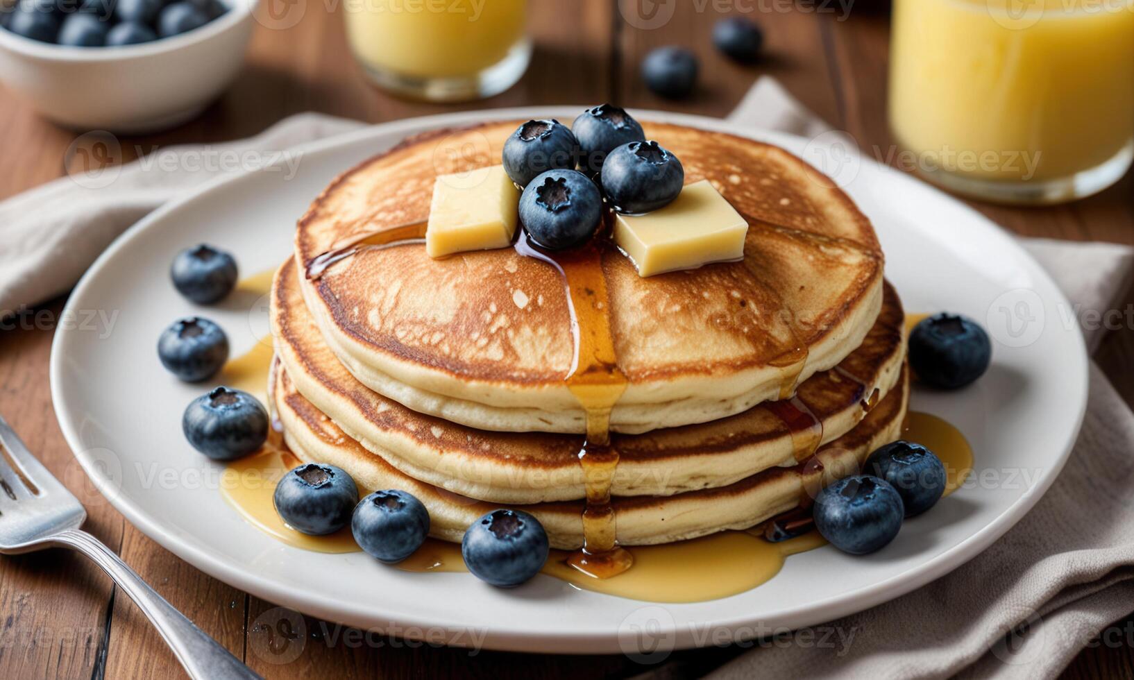 A stack of pancakes with blueberries and butter photo