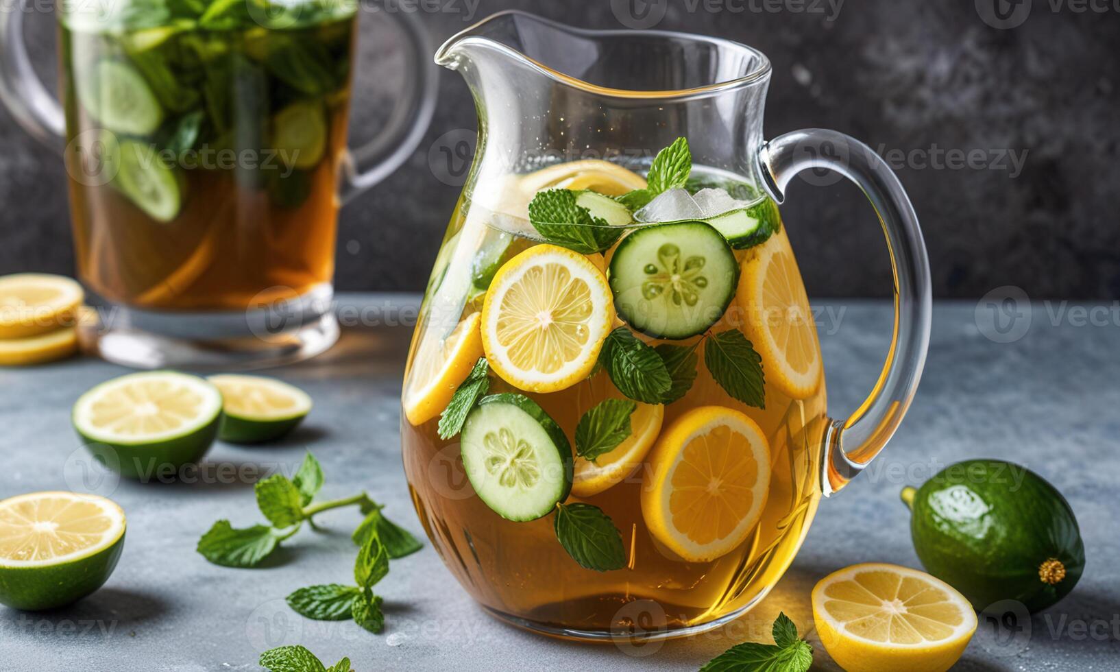 Lemonade in a pitcher with cucumber slices and mint photo