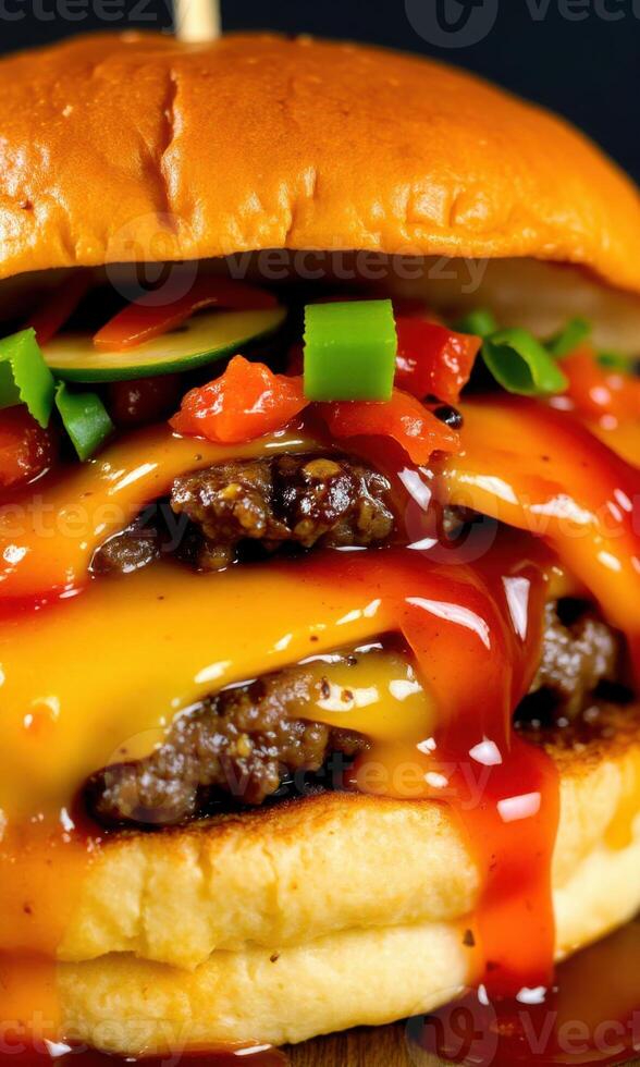 A close up of a hamburger with ketchup and cheese photo