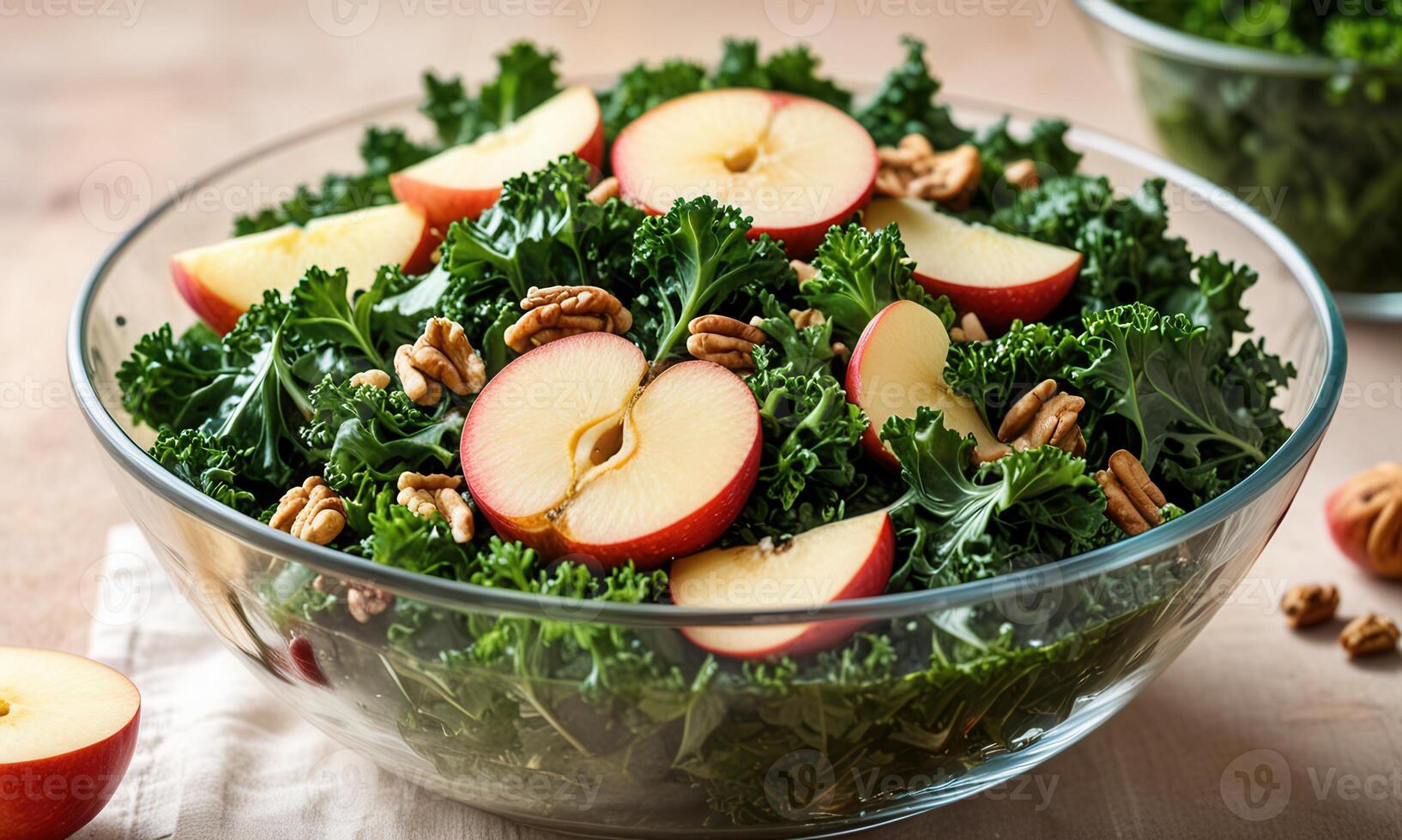 A bowl of kale salad with apples and walnuts photo