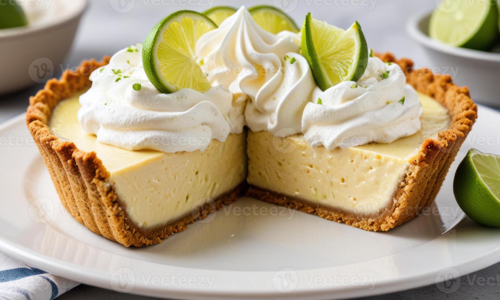A slice of key lime pie with whipped cream and lime slices photo