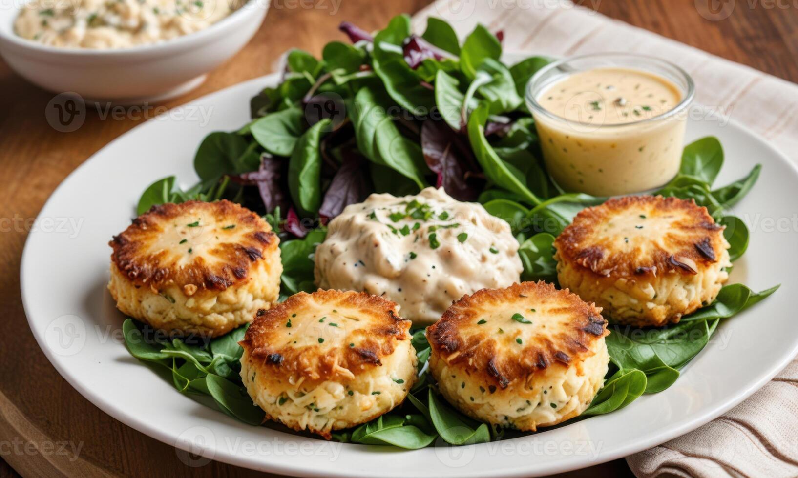 A plate of crab cakes with a side of salad photo