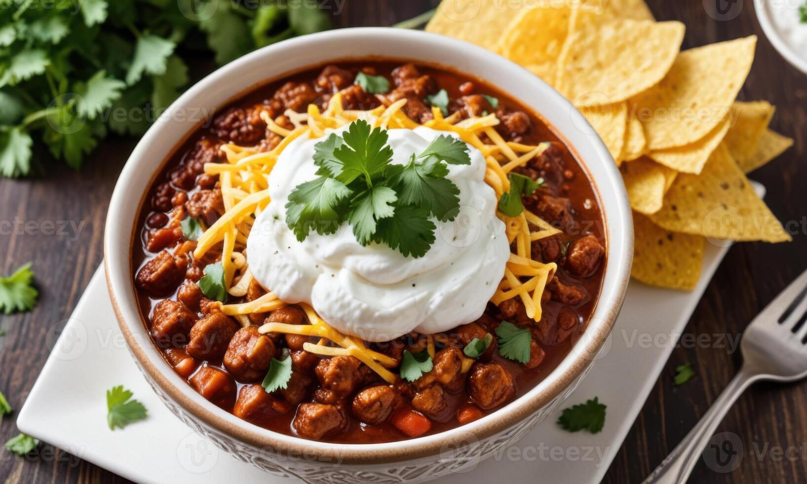 Chili con carne in a bowl with sour cream and cilantro photo