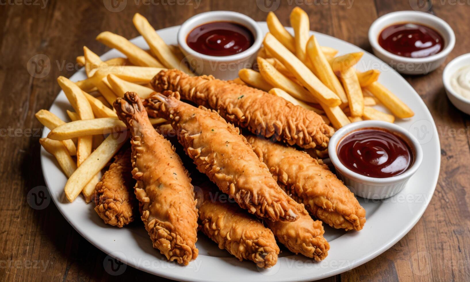Fried chicken wings and french fries on a white plate photo