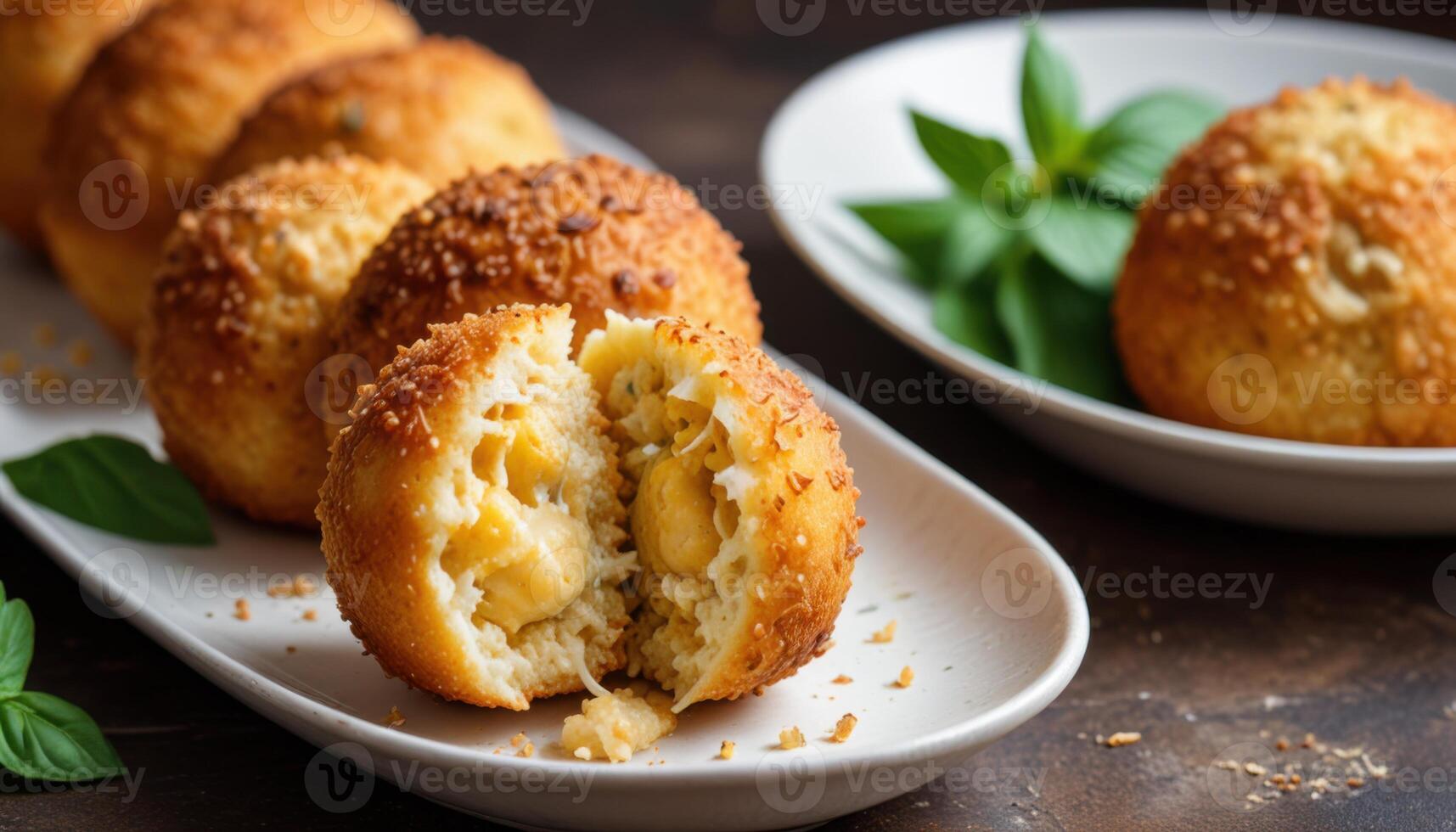 A plate with several breaded meatballs on it photo