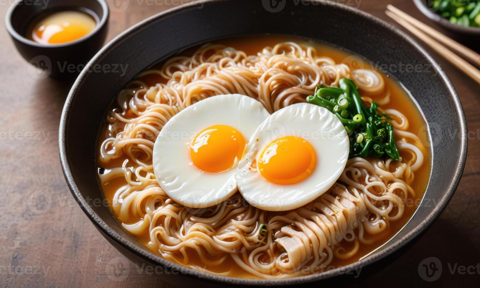 Noodles with eggs and chopsticks photo