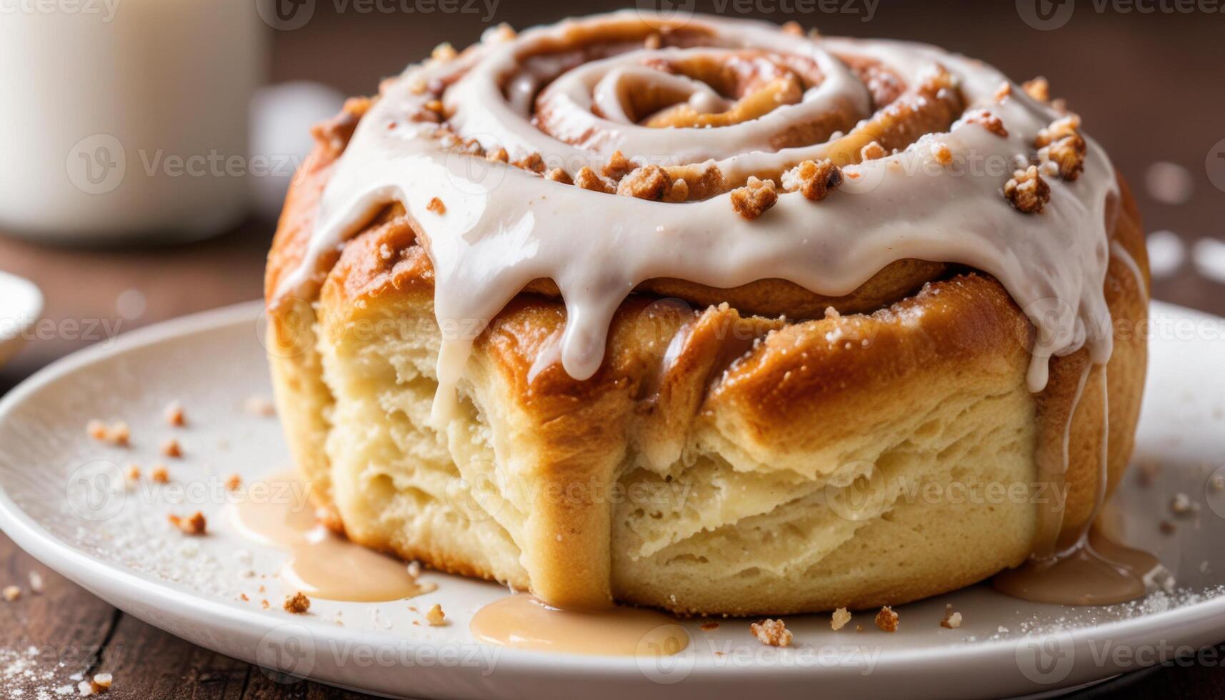 A cinnamon roll with icing on top on a plate photo
