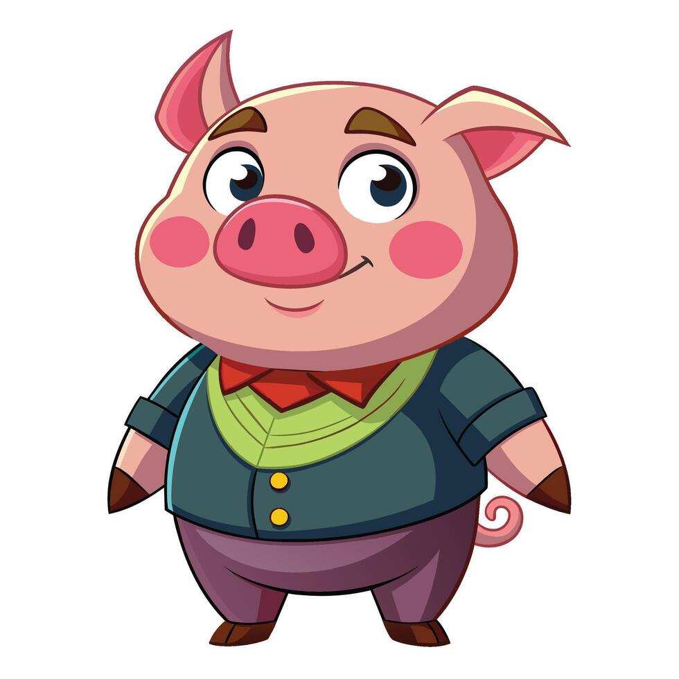 Cartoon pig character in overalls and a bandana stands cheerfully against a green background, illustrating playful farm life vector