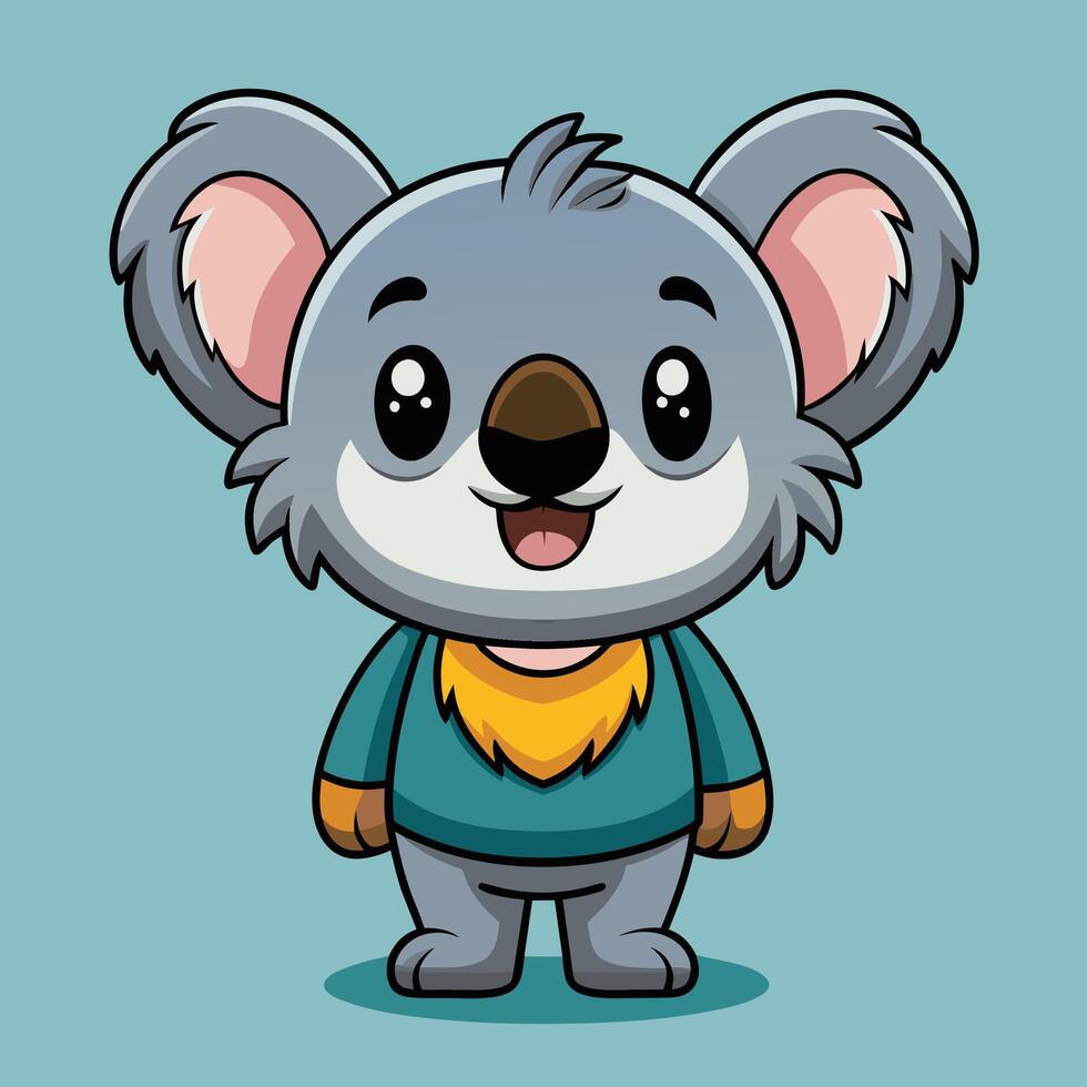 Cute cartoon koala character standing against a purple background with an engaging smile and cheerful expression vector