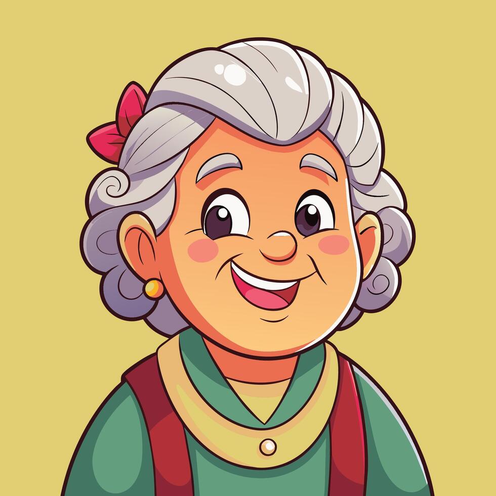 Cheerful cartoon elderly woman with gray hair and round face wearing a red jacket against a light green background vector