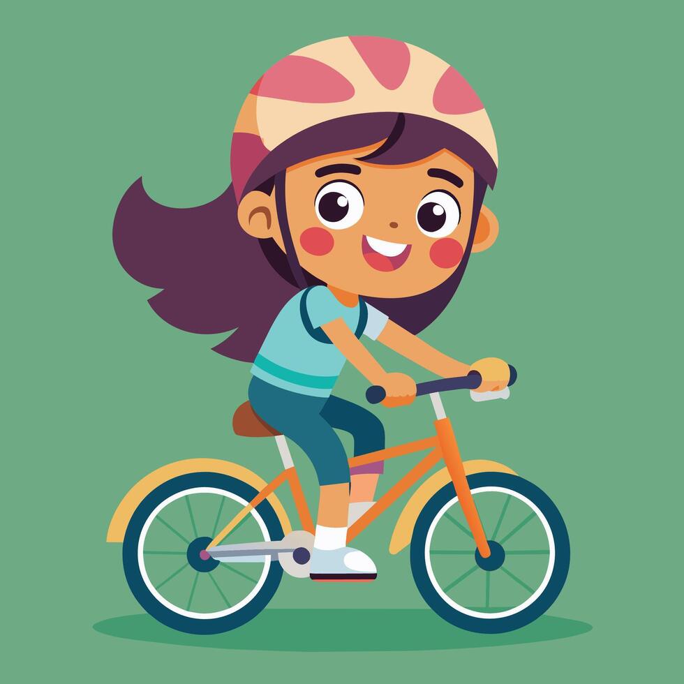 A cheerful girl riding a colorful bicycle with a helmet on a green background in a playful and vibrant setting vector
