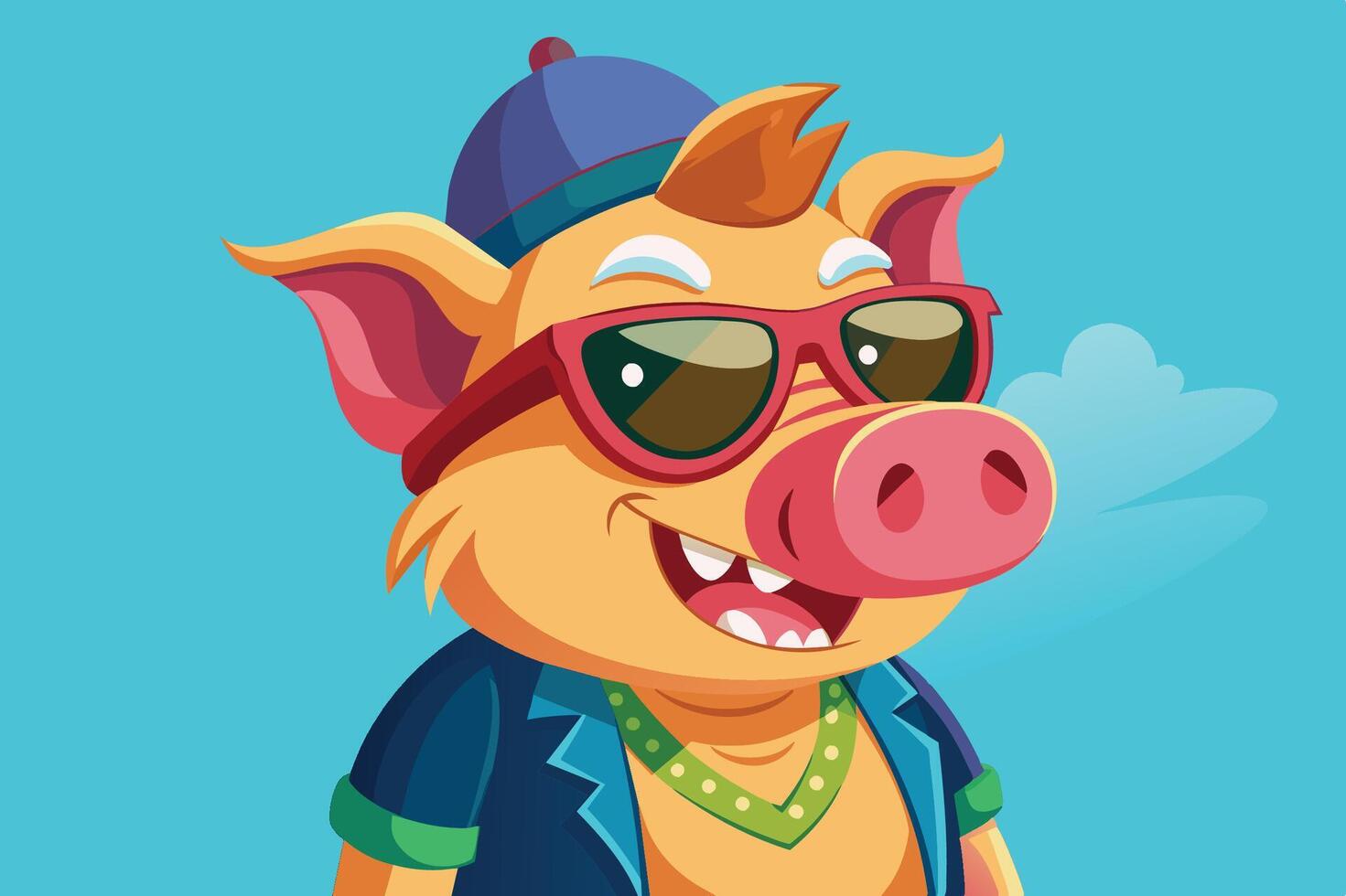 Animated pig character wearing sunglasses and a hat, smiling in casual attire against a bright blue background vector