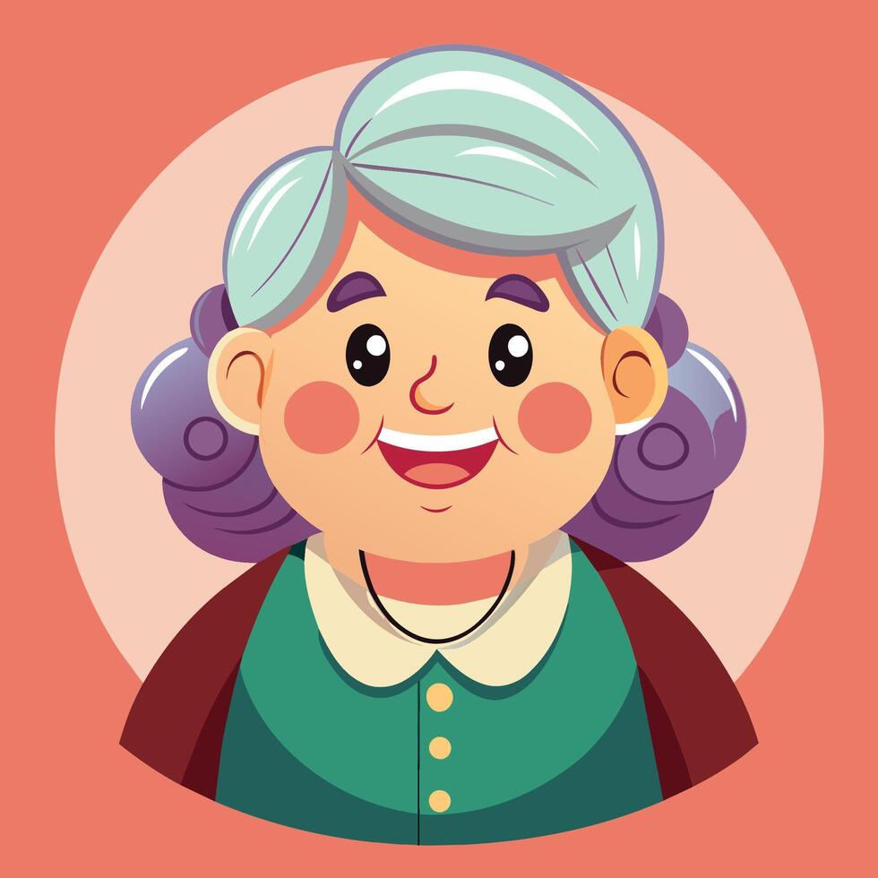A cheerful animated elderly woman with gray hair and a warm smile, set against a vibrant orange background, exuding kindness and wisdom vector
