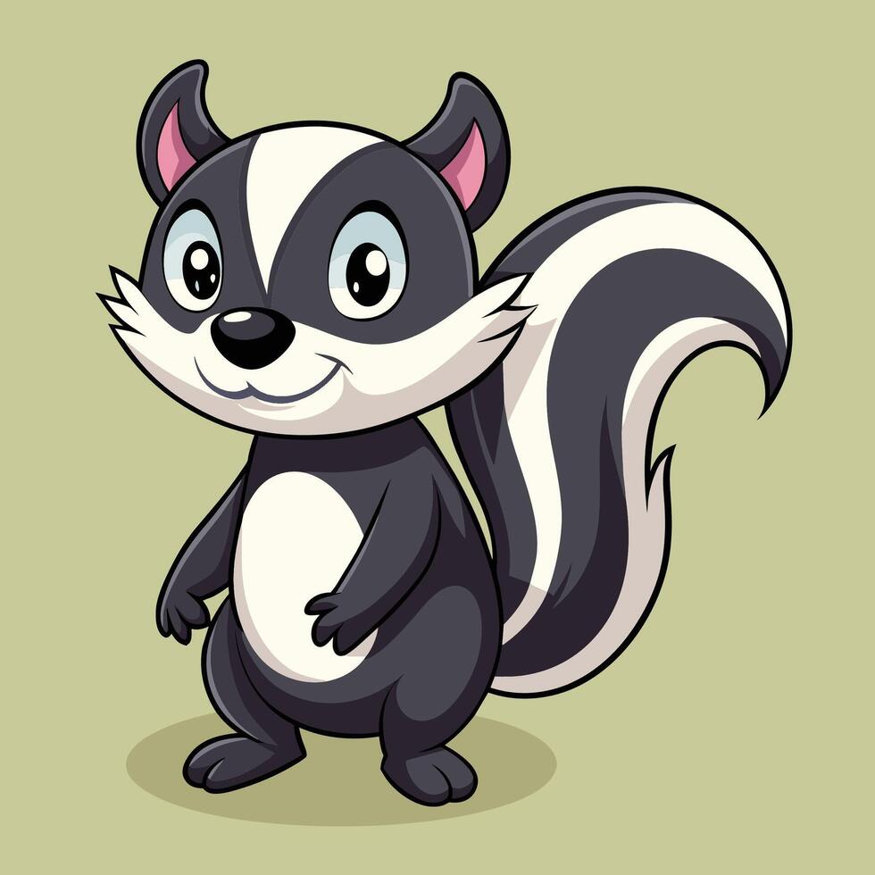 Cute cartoon skunk character standing cheerfully with a friendly expression, showcasing its fluffy striped tail in a playful pose vector