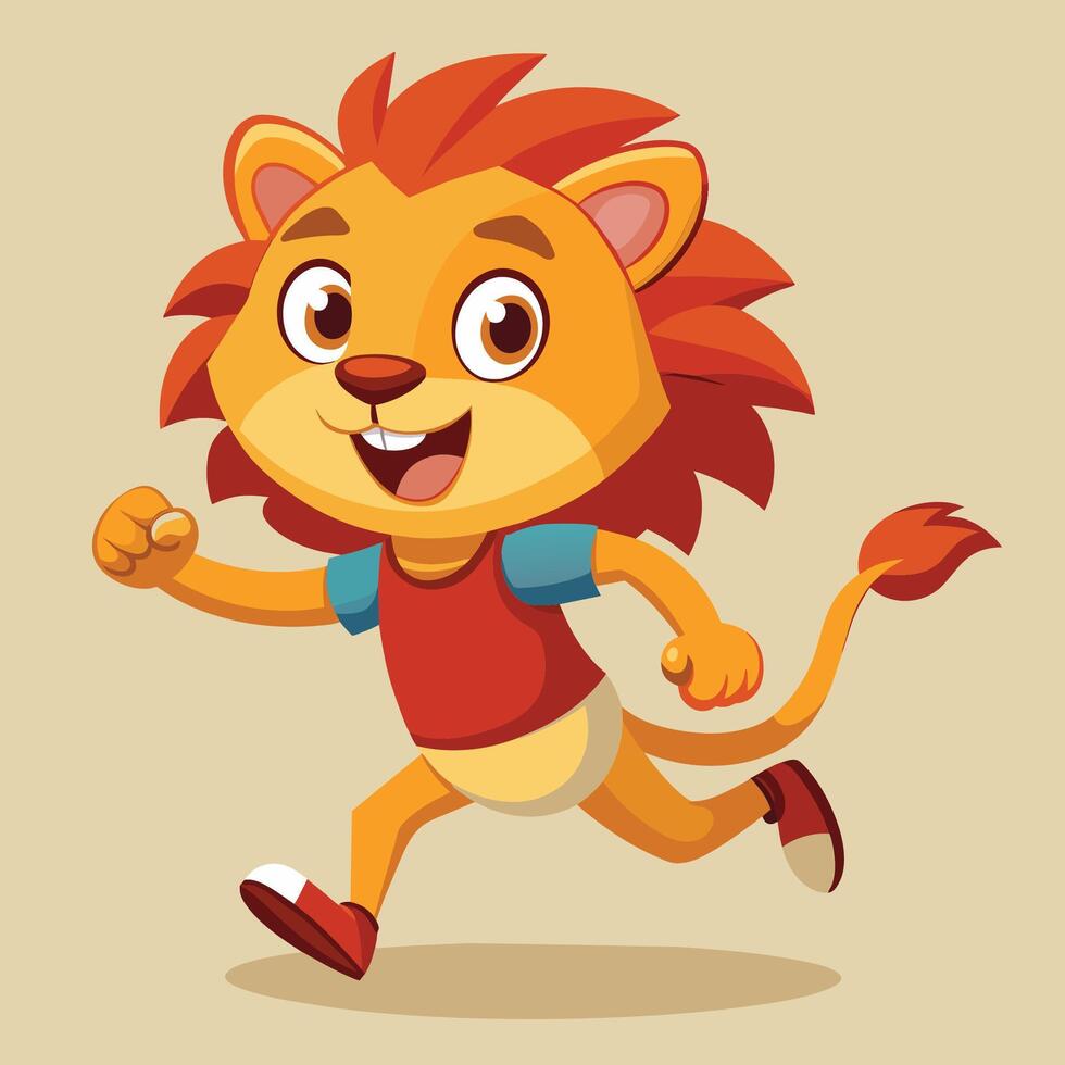 A cheerful cartoon lion character running joyfully in a blue sweater and shorts, showcasing a playful and vibrant personality vector