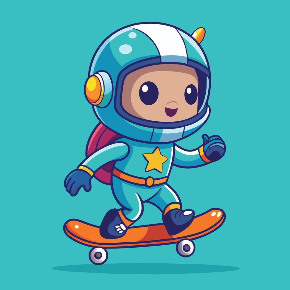A cartoon astronaut skillfully skateboards on a vibrant turquoise background, showcasing a whimsical blend of space and urban fun vector