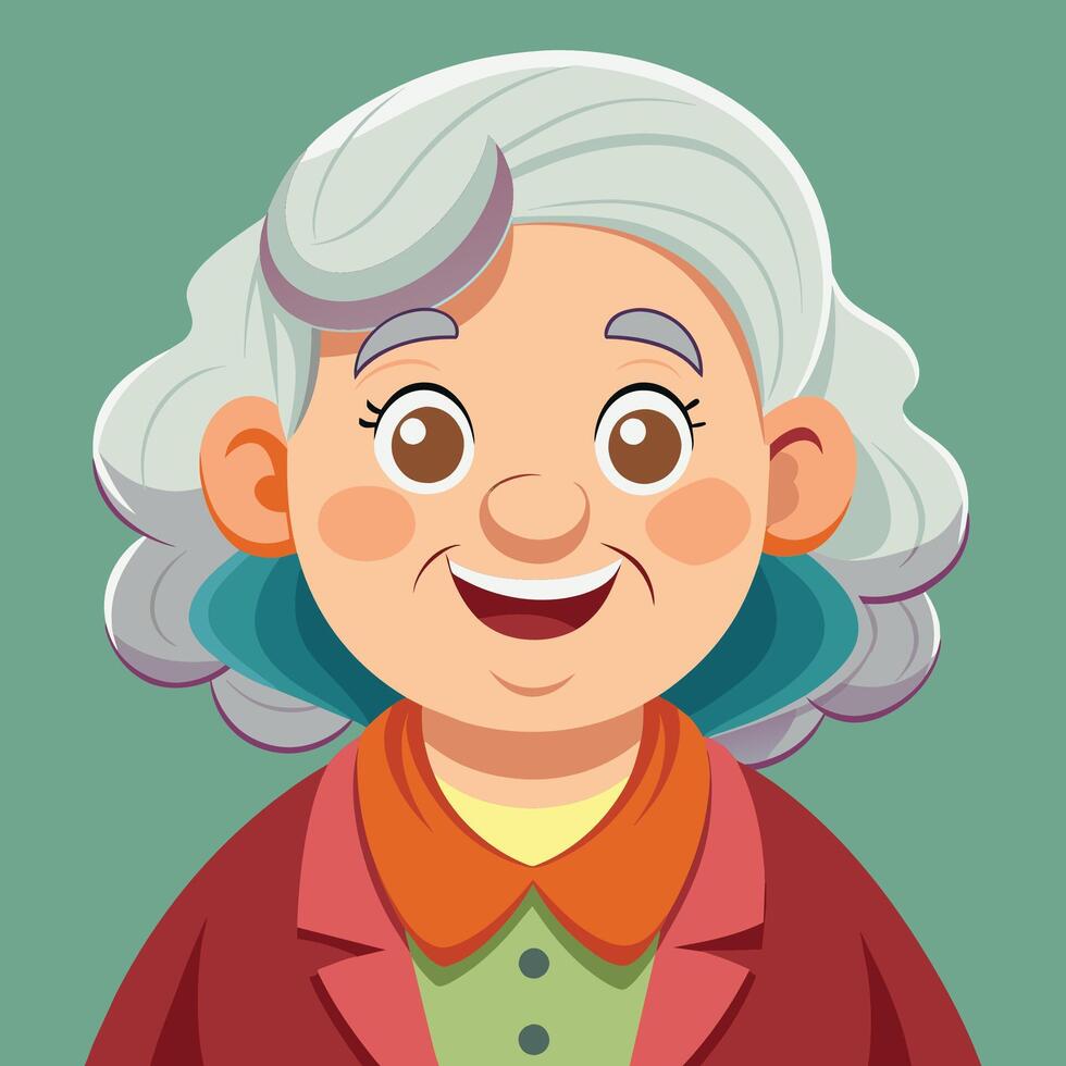 Colorful cartoon of a smiling elderly woman with gray hair, wearing a purple outfit and a yellow collar, against a blue background vector