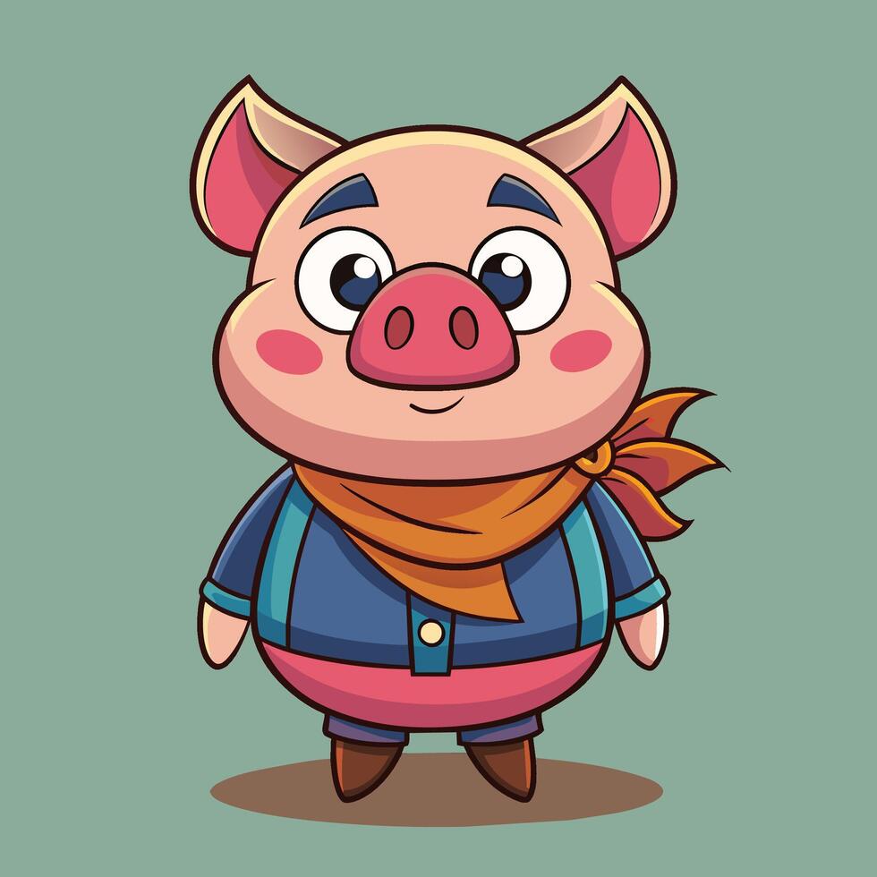 A cheerful cartoon pig character wearing a green vest and red scarf stands confidently against a light teal background, exuding charm and friendliness vector