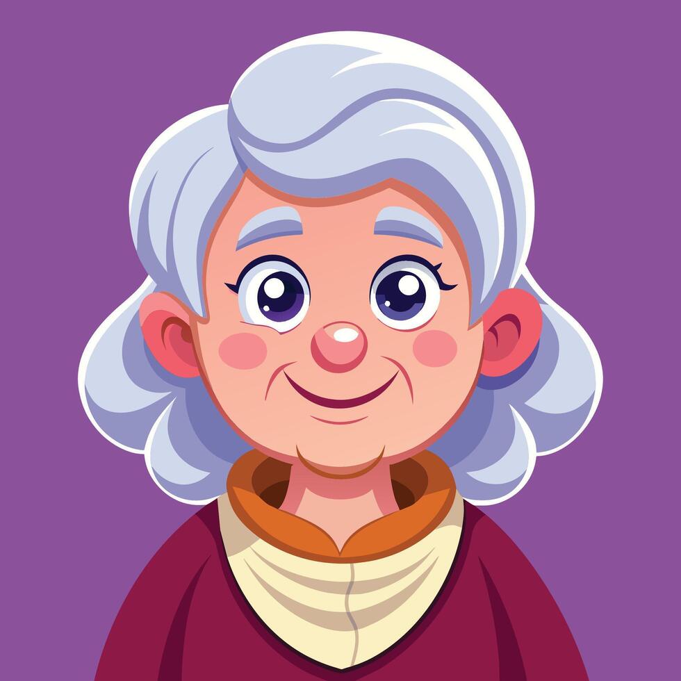 Cheerful elderly woman with purple curls smiling against a warm background, showcasing a friendly and inviting character expression vector