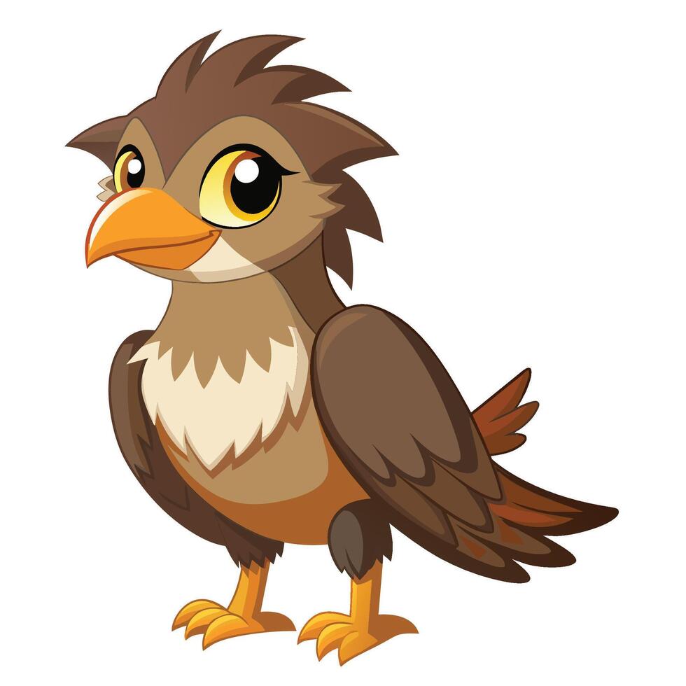 Cute cartoon bird character wearing a purple scarf standing cheerfully on a light background in a playful illustration style vector
