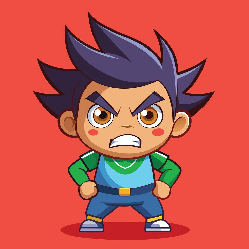 A determined cartoon character with spiky orange hair, wearing a blue shirt and shorts, stands confidently with hands on hips and an angry expression vector