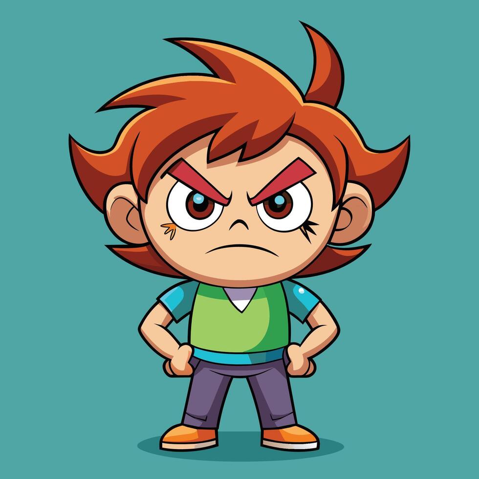 Animated character with spiky brown hair shouting fiercely against a light blue background vector