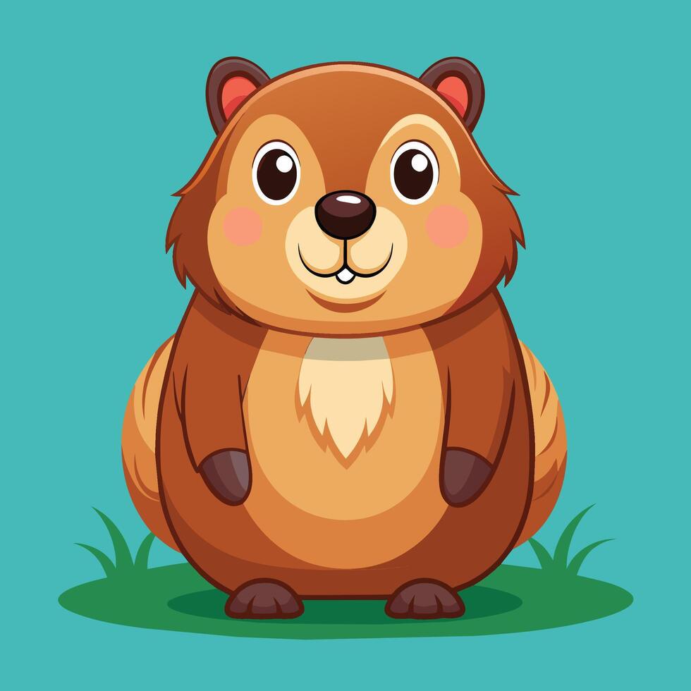 A cheerful cartoon beaver sitting on a green patch of grass, showcasing its cute smile and rounded features in a vibrant illustration vector