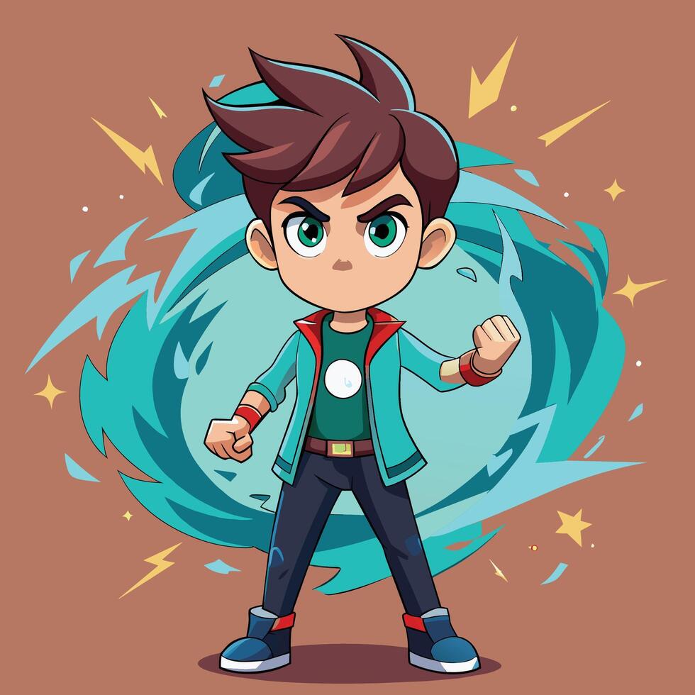 A cheerful young boy with a heroic stance and glowing hands stands confidently in a colorful, animated style against a cosmic background vector