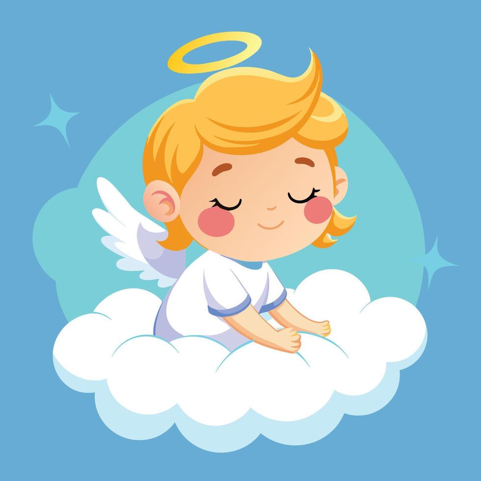 A cute child angel resting on a fluffy cloud with a halo and wings against a bright blue background vector