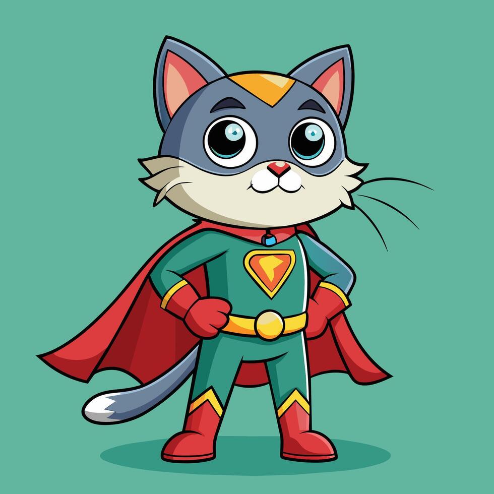 A superhero cat stands confidently with a red cape, showcasing vibrant colors and playful design suitable for children's entertainment vector